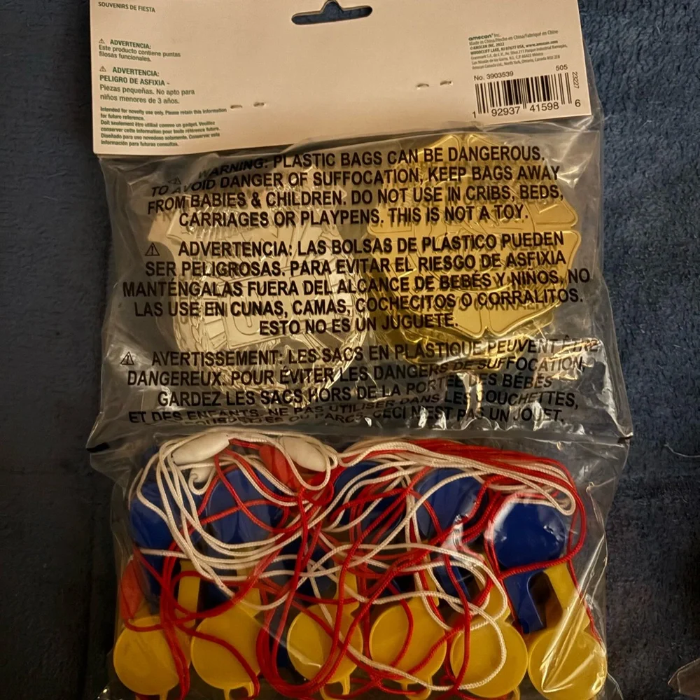 Party City Silver Badges and Blue Yellow Whistles Set